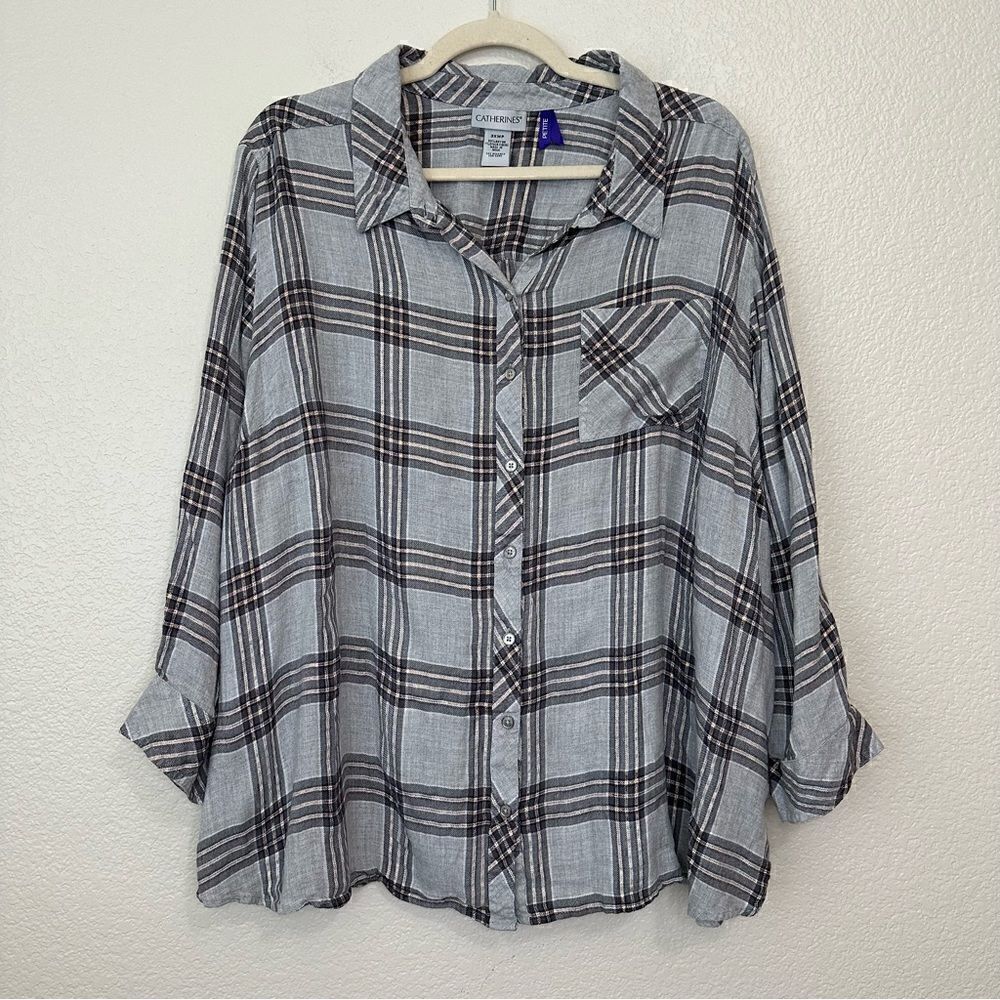 Catherines Gray Plaid Button Down Women’s Shirt, Size 3XWP